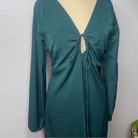 Abercrombie & Fitch XS Tall Long-Sleeve Front Tie Mini Dress Dark Teal - Picture 5 of 8